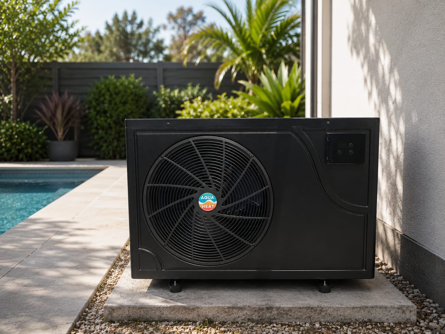 Heat pump pool heating unit installed beside a swimming pool