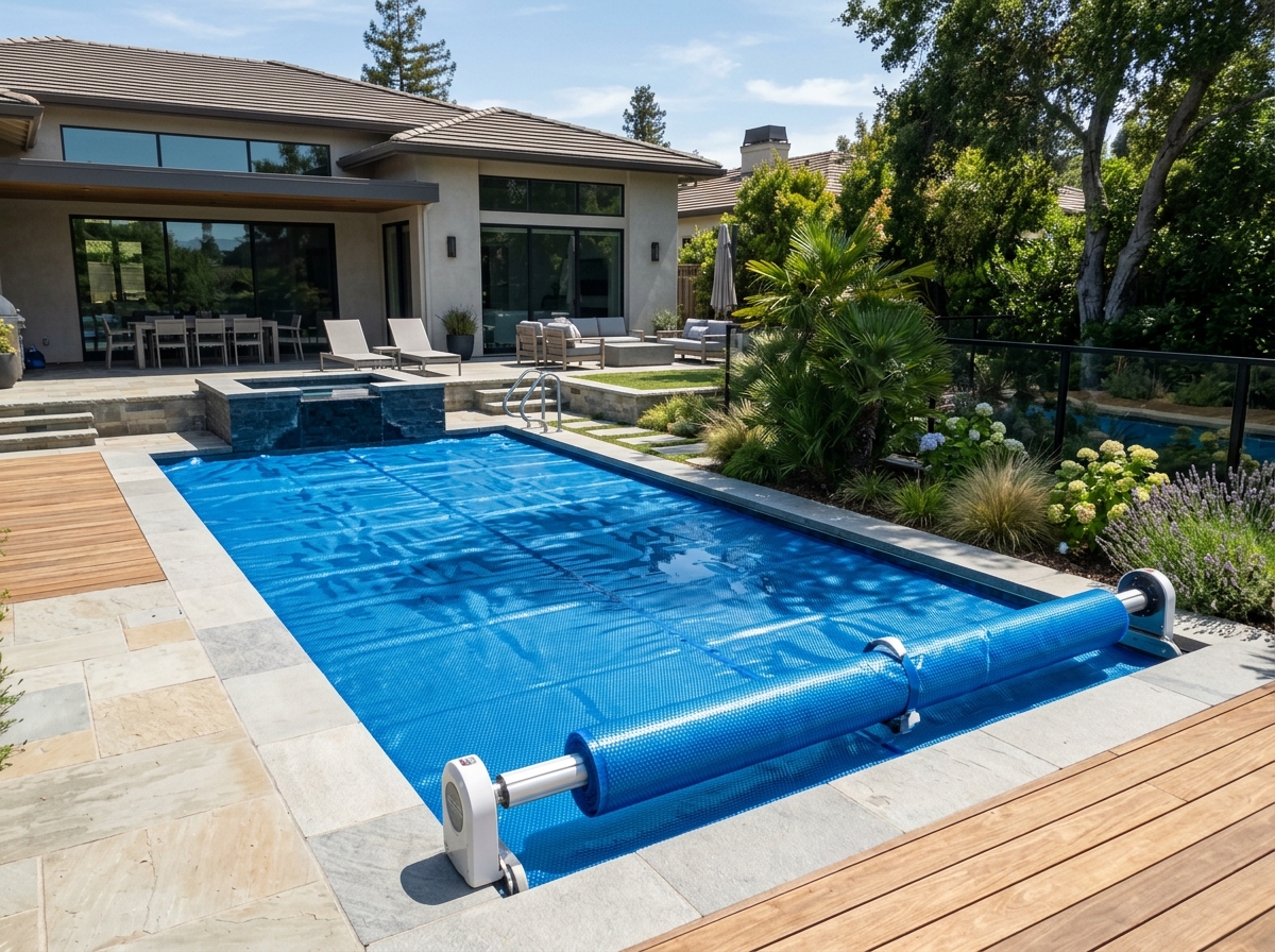 Thermal bubble pool cover with automatic roller system